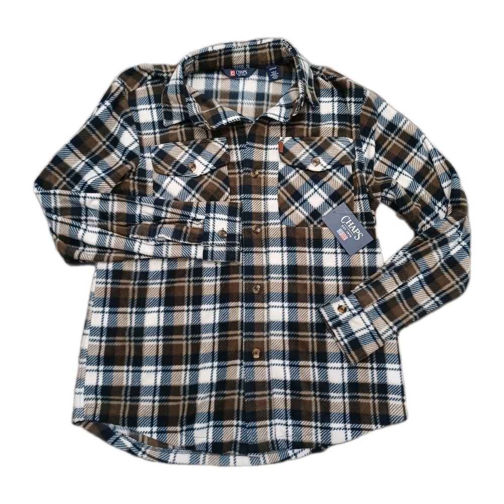 Chaps Men's Knit Flannel Shirt Brown Blue White S